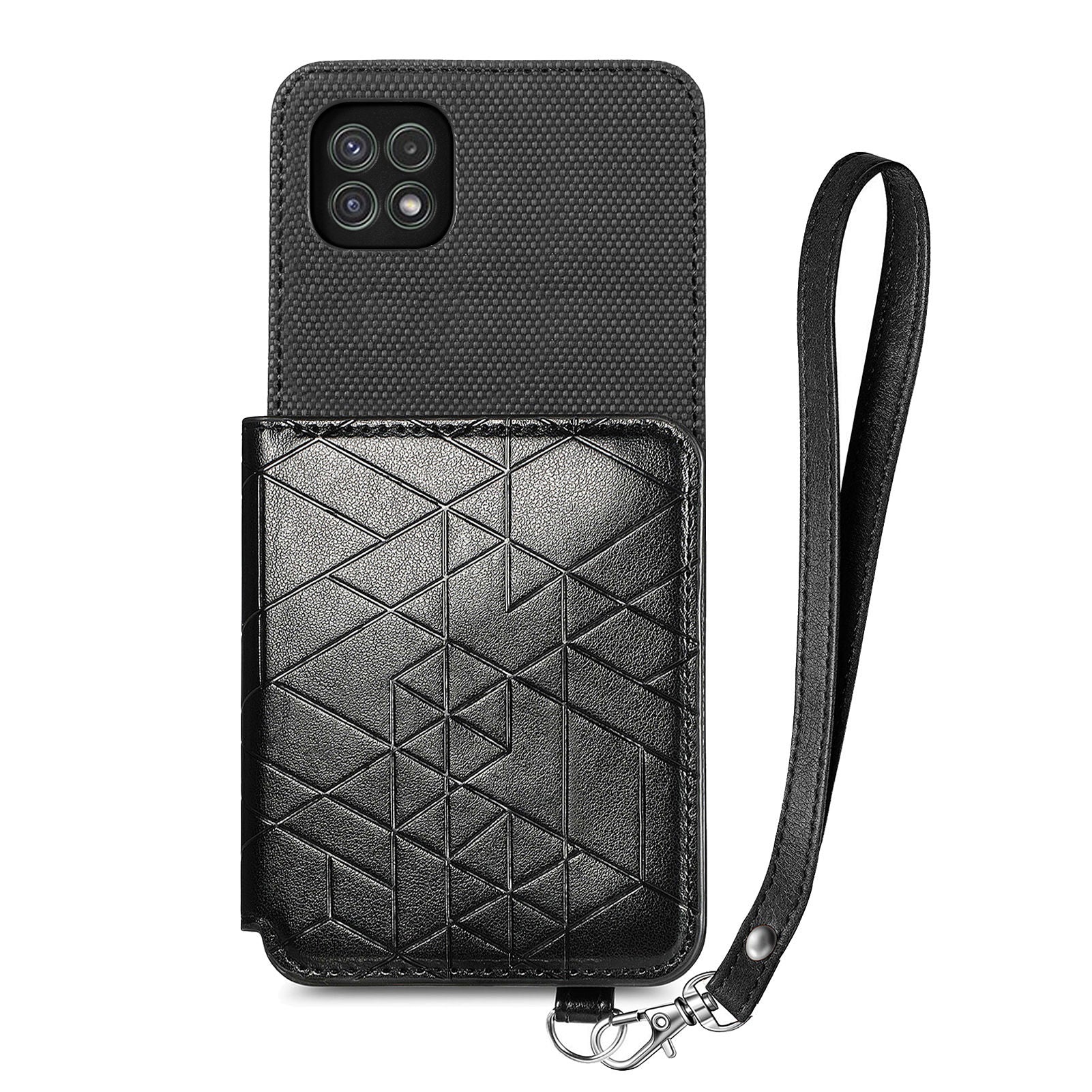 For Samsung Galaxy A22 5G (EU Version) Anti-drop Phone Case Kickstand PU Leather TPU Geometry Imprinted Wallet Cover with Strap For Samsung Galaxy A22 5G (EU Version) Anti-drop Phone Case Kickstand PU Leather TPU Geometry Imprinted Wallet Cover with Strap